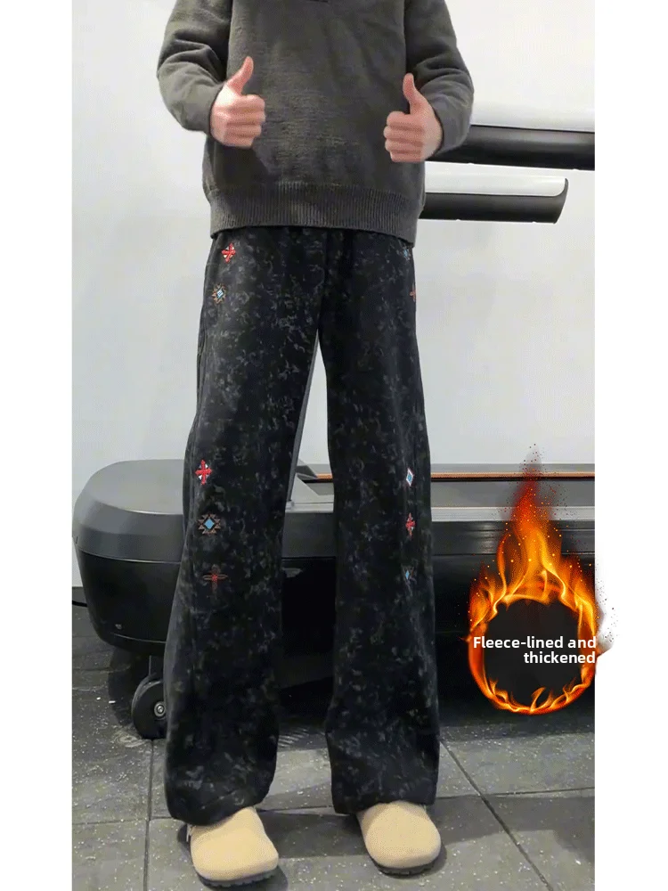 

Retro American Dyed Embroidered Fce Men's Pants Loose Fit Youth Faion Straight Leg Anti-Wrinkle Thiened Winter Sle