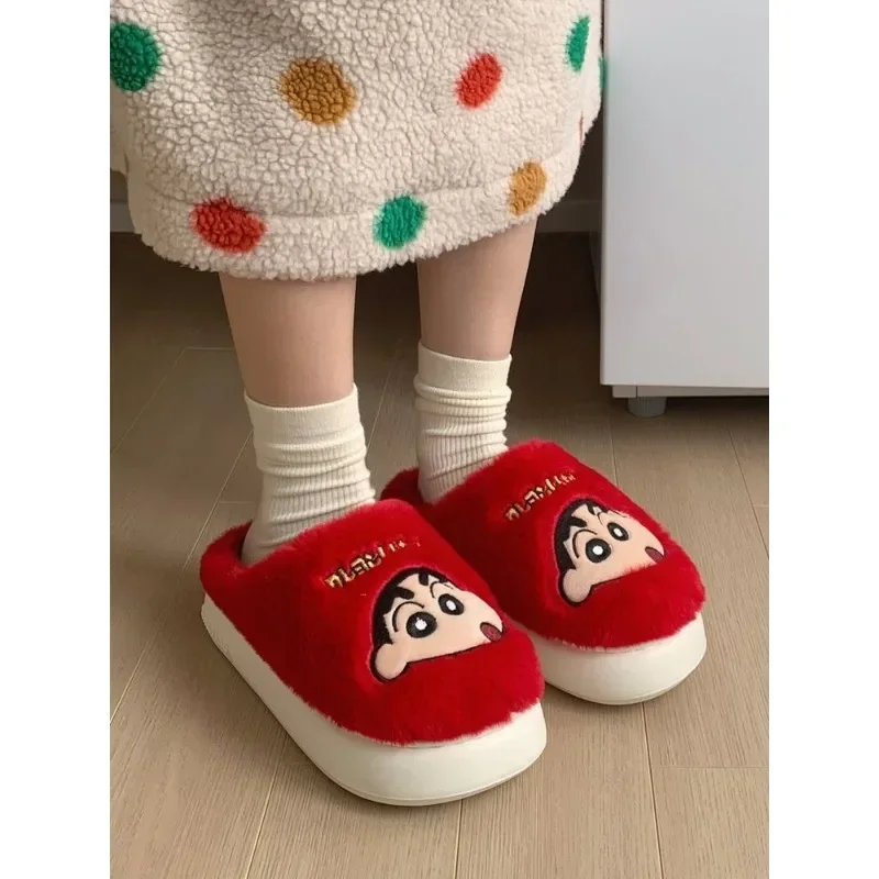 Cartoon anime Crayon Shin Chan plush slippers Girls\' winter home indoor warm cotton shoes men women lovers Wear non slip outside