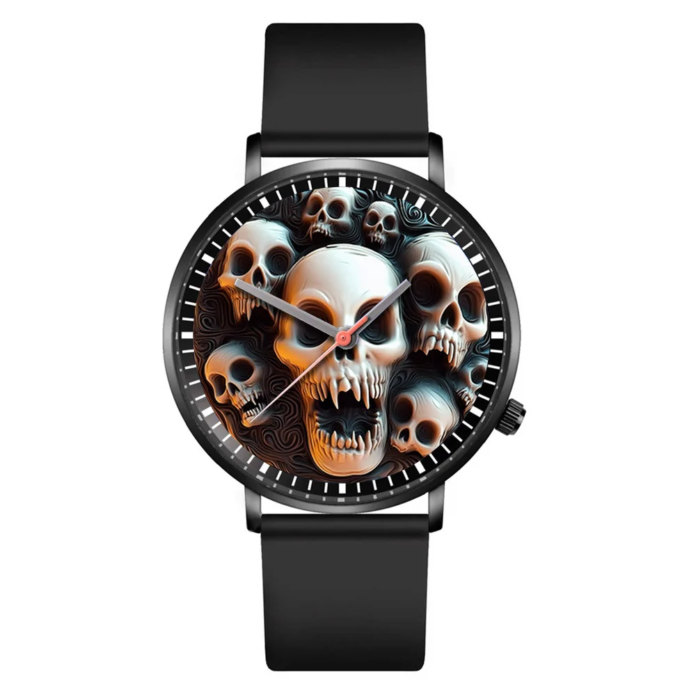 Hot 2024 Skull Simple Design Men\'s and Women\'s Quartz Watch Casual Silicone Black Women\'s Fashion Halloween Gift Wristwatch