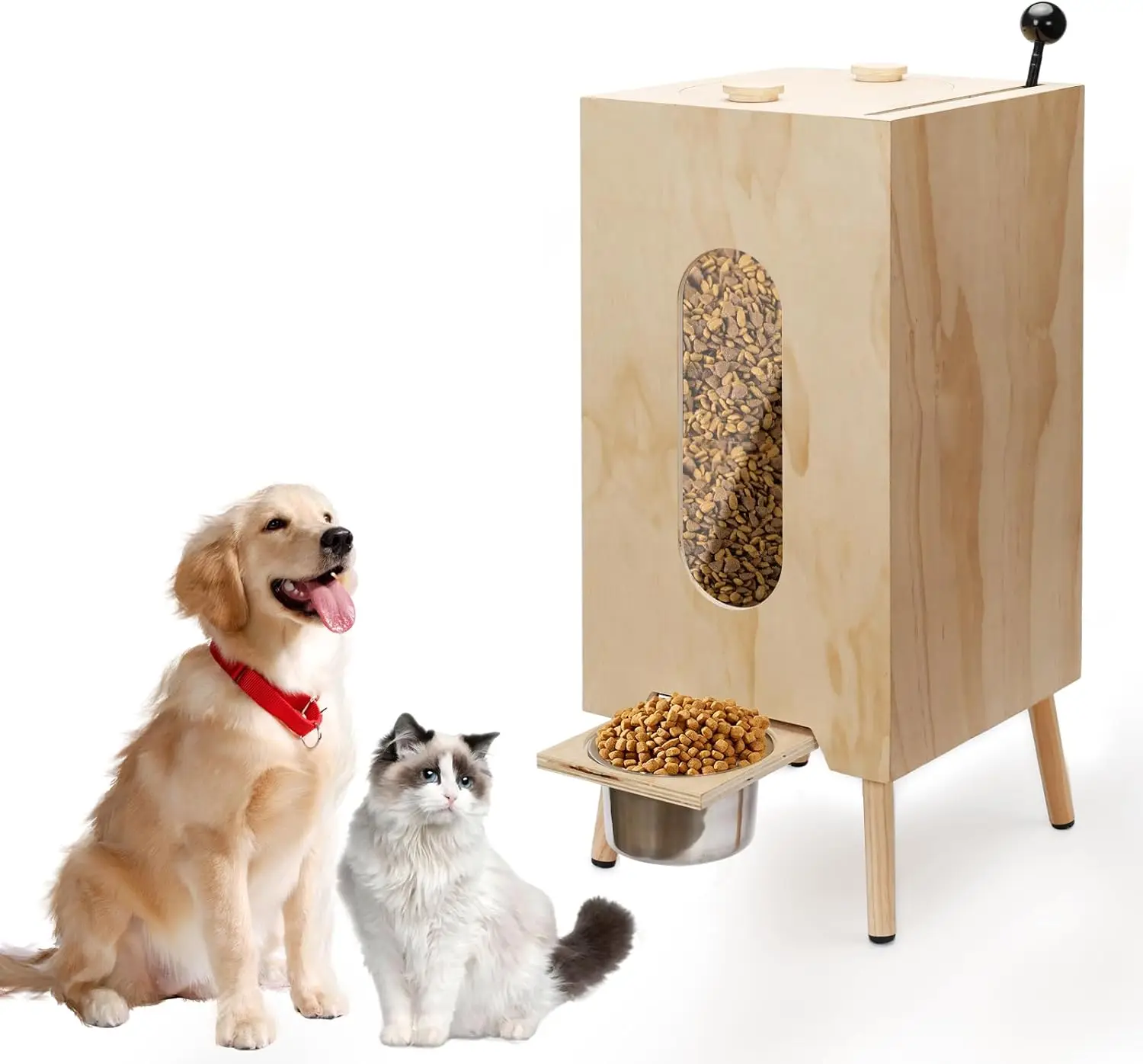 

Wooden Dog Feeding Station with Elevated Bowls, Pull Lever Pet Food Storage Cabinet, Dry Kibble Dispenser for Small/Medium/Large