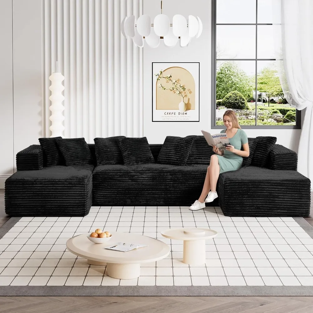 

131" Sectional Couch, Luxury Comfy Black Sectional Couches for Living Room, Fluffy Corduroy Cloud Couch Sectionals Boneless Sofa