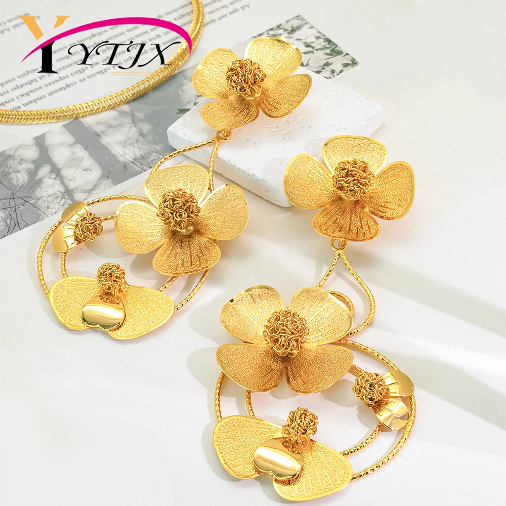 YTJX  18K Gold Color Flower Earrings For Women Design Geometric Hollow-out Big Earrings Party Jewelry  2025 New Christmas Gifts