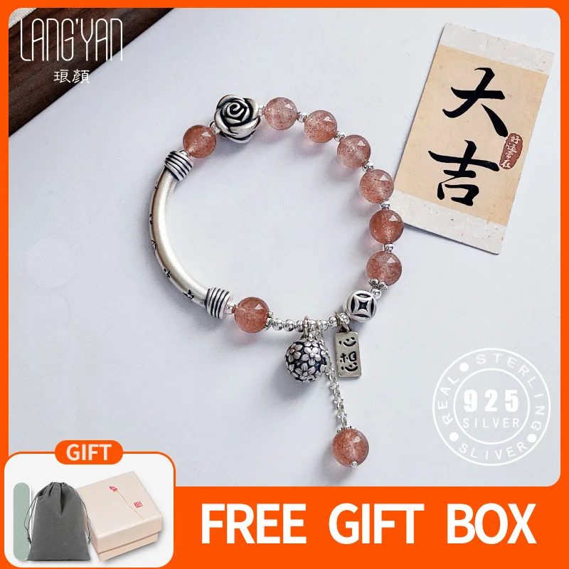 

Langyan Original Design Strawberry Quartz Beaded Charms Bracelet 925 Sterling Silver Rose Curved Tube Bangle Women Gifts SL228