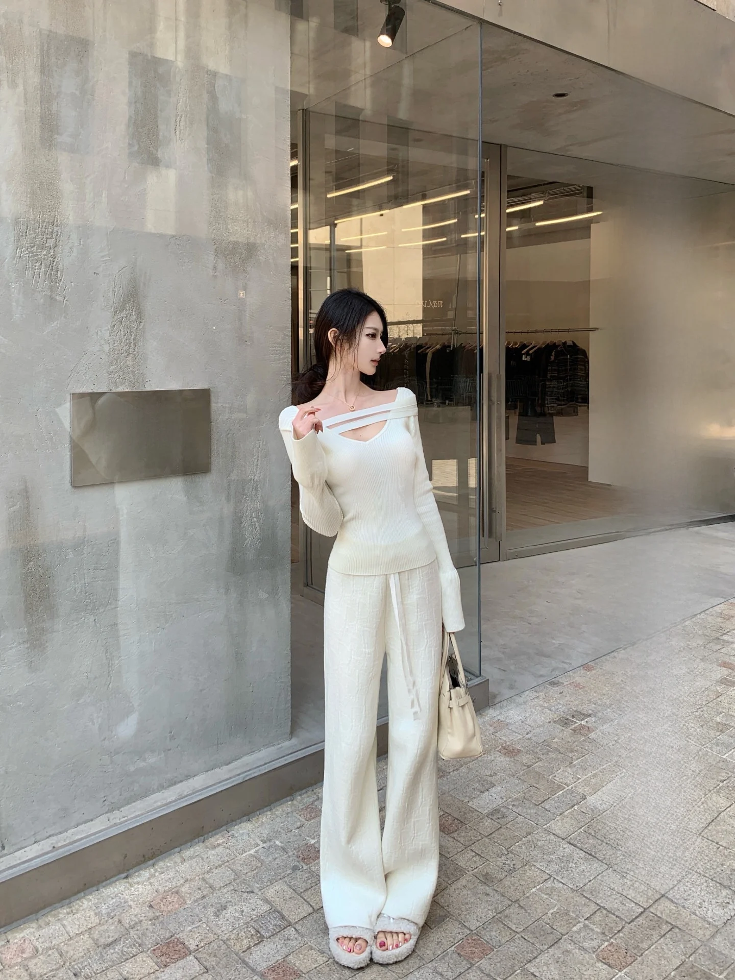 

Женские зимние брюки OKMAOP Snow Velvet с широкими штанинами, свободные, с высокой талией, повседневные, струящиеся, белые, удобные, прямого кроя