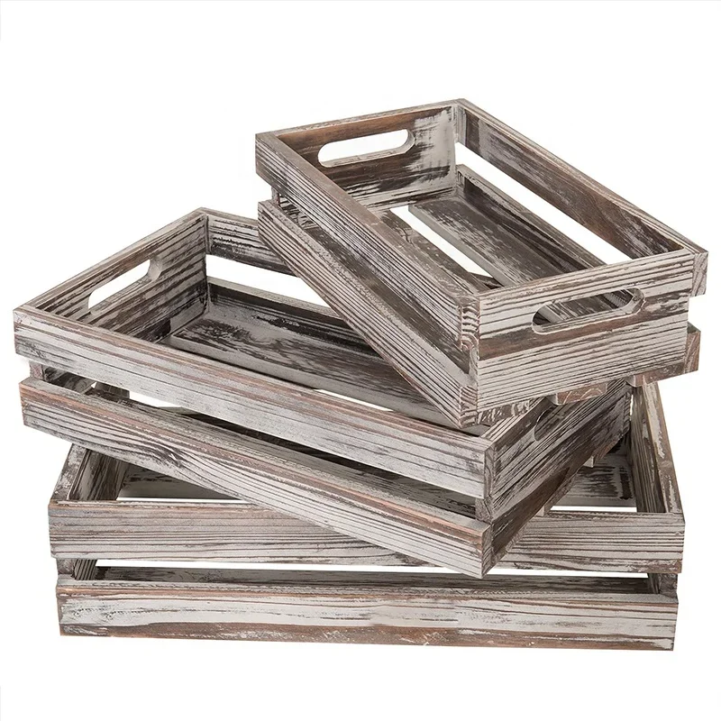 

Country Rustic Nesting Open Top Storage Boxes Set of 3 Rectangle Wood Decorative Bins with Handles for Home Decor Organization