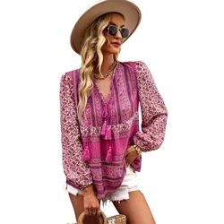 Boho lnspired Pink Floral Blouse Women V-neck Tassel Long Sleeve Bohemian Women Tops New Summer Fashion Blouse Shirt For Women
