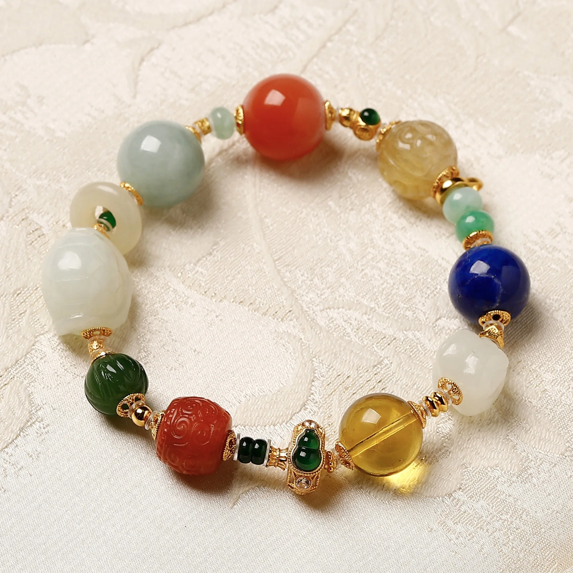 Natural Colorful Multi Gemstone Bracelet, Hetian Jade Turtle Shell, Jadeite Abacus Bead & Gourd, S925 Silver Fittings