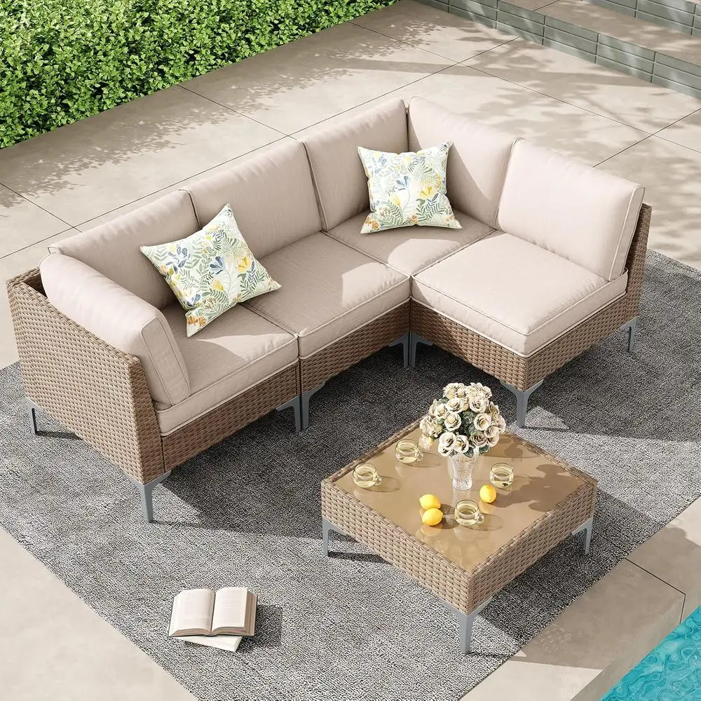 

5-Piece Wicker Outdoor Furniture Set with Plush Cushions for Patio, Garden, and Poolside in Beige