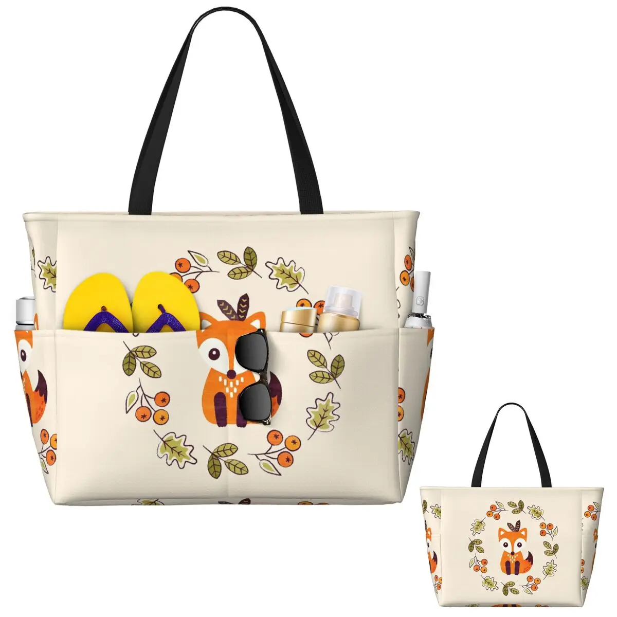 

Little Fox With Autumn Berries Beach Tote Bag Sport Gym Yoga Duffle Large Tote Bag Women Travel Bag Fitness bag