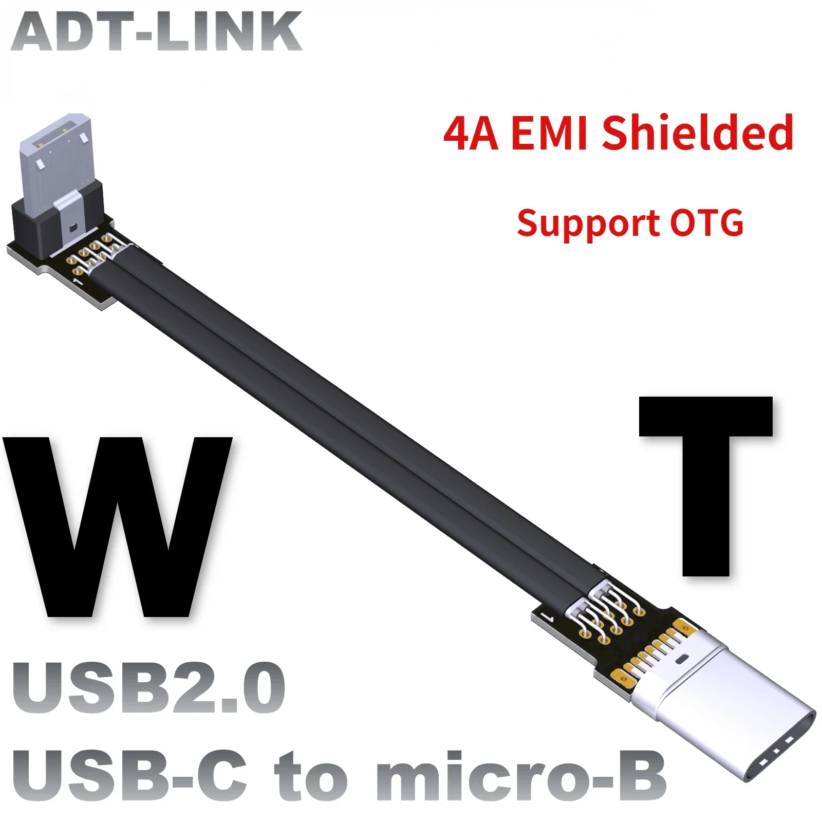 ADT 4A USB typu C do Micro B 90-stopniowy kabel USB-C OTG Cienki kabel wstążkowy Płaski kąt w górę w dół Kabel USB 2.0 Micro-B do szybkiego