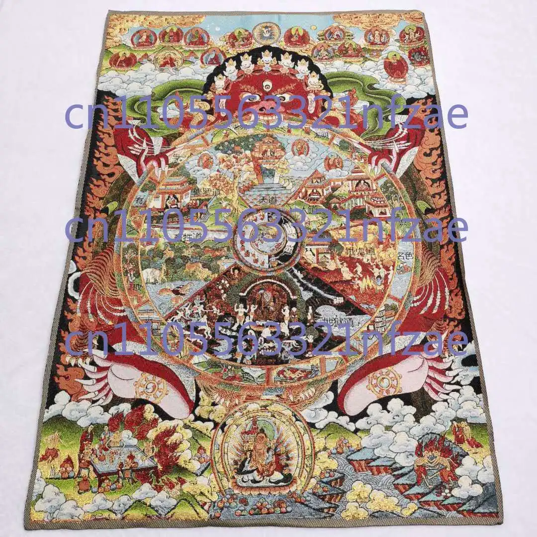 Obraz Thangka z tybetajskiej tkaniny jedwabnej, 91 cm, przedstawiający 6-stopniową drabinkę życia, Rulai, buddyzm, Tangka.