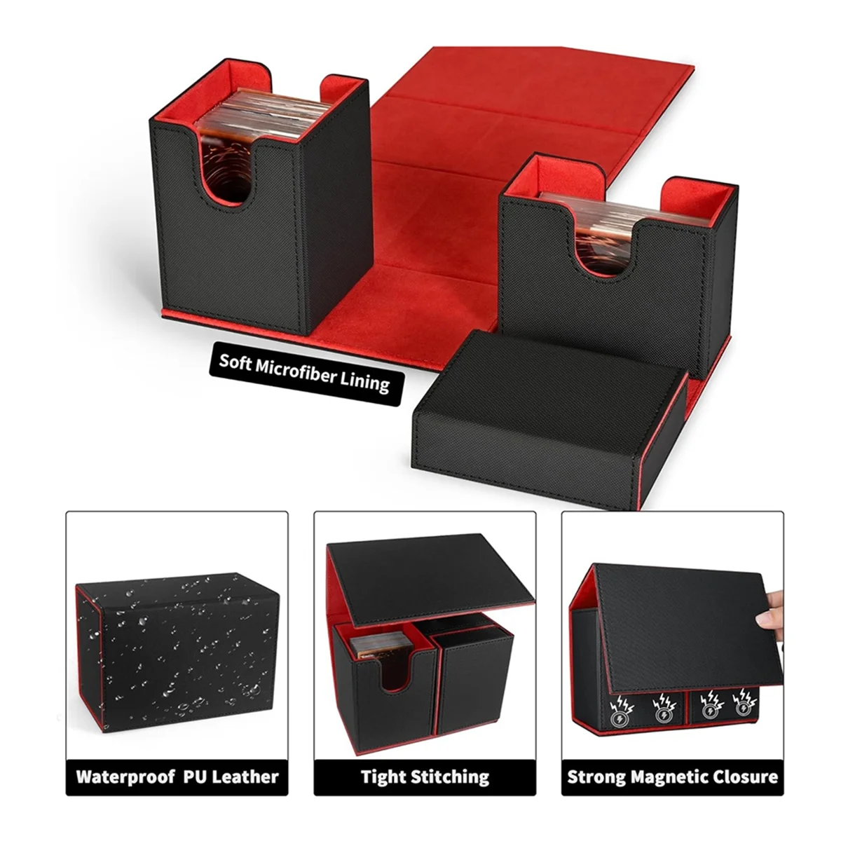 AT42 Card Deck Box, Premium Card Box with Flip Dice Tray , Card Deck Case Storage Box for Sports Playing Game Cards Black+Red
