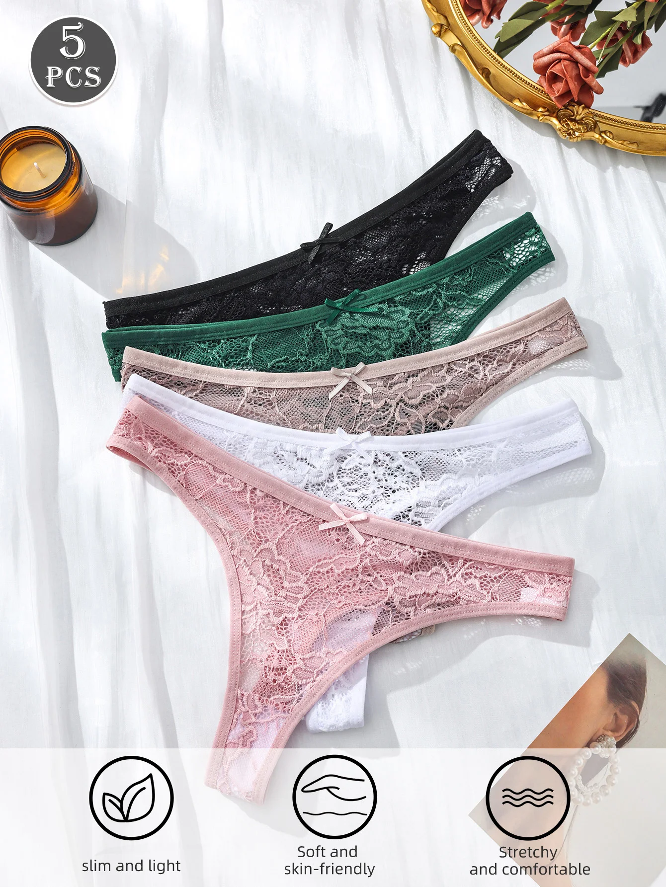 5Pcs/Set Women Thongs Sexy Lace Panties Low Waist Underwear Girls Briefs G-String Breathable Ladies Panty Floral Female Lingerie