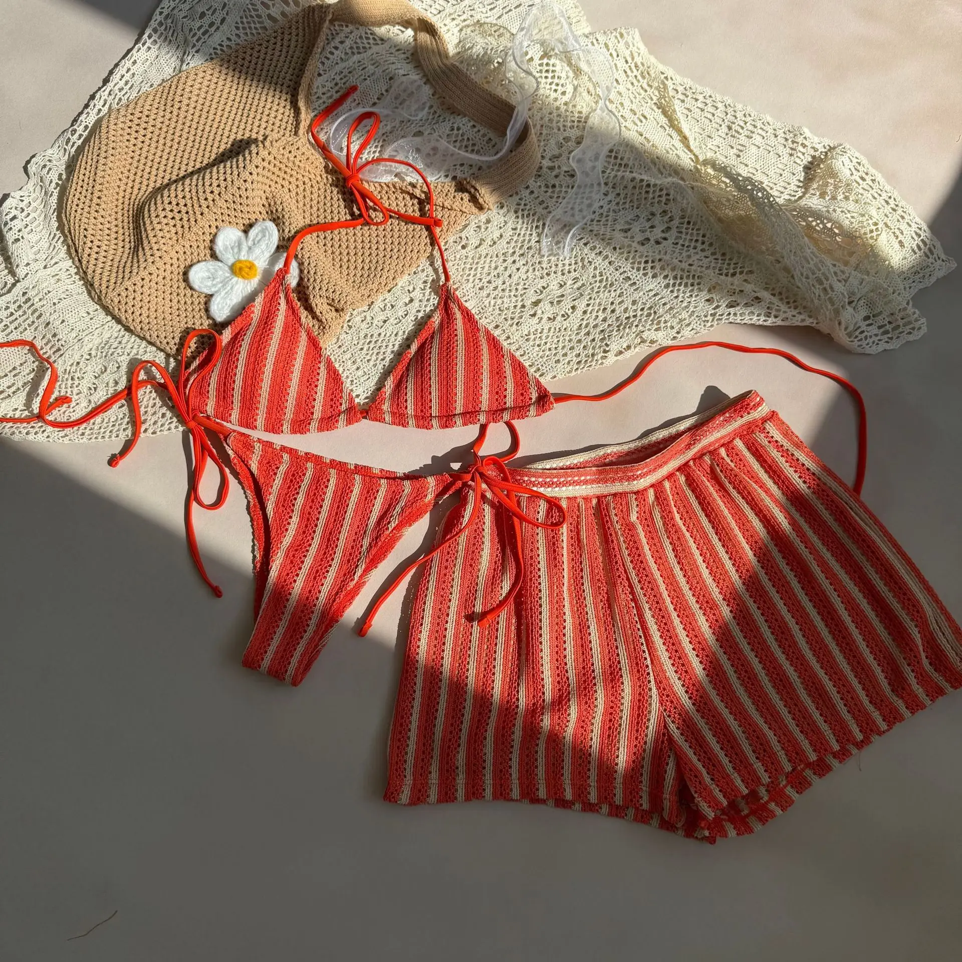 bikini sexy con cravatta all'americana a righe lavorate a maglia imposta tre pezzi con pantaloncini costumi da bagno costumi da bagno costumi da bagno costumi da bagno biquini tankini