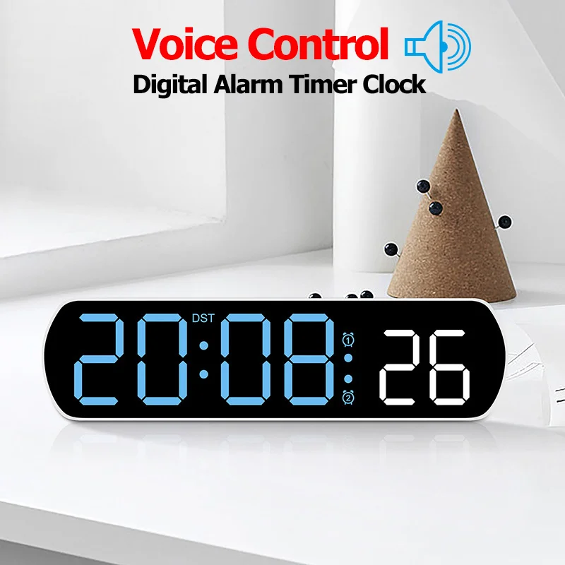 Voice Control Digital Alarm Timer Clock Temperature Date Display Dual Alarms Desktop Table Clock Night Mode 12/24H LED Clock