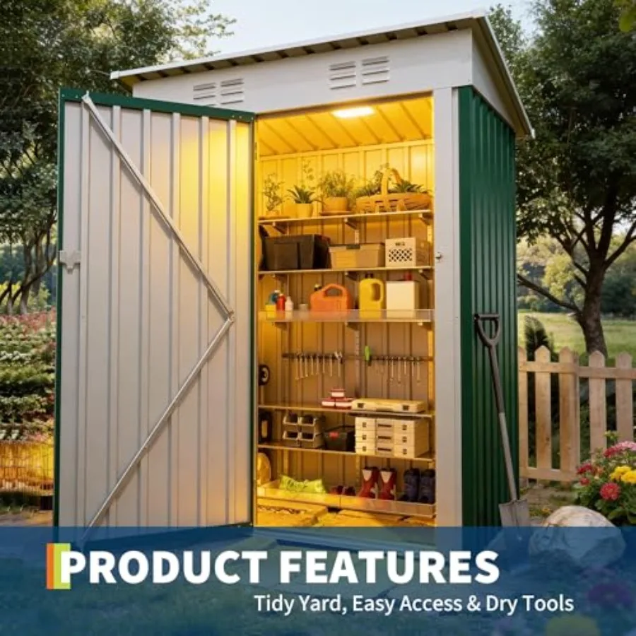 Outdoor storage shed for backyard, patio, garden: 5x3 ft metal tool shed in green with sloping roof, lockable door, compact uti
