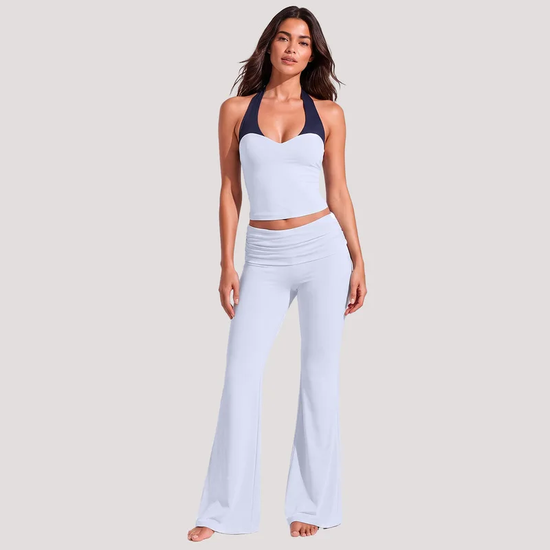 2 Piece Yoga Outfit Color Block Halter Crop Top Breathable Sports Vest Slim Fit Fold Waist Flare Pants Fitness Training Suit