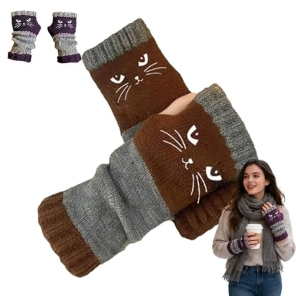 

Cat-Themed Embroidery Knit Gloves Thickened Cotton Half Finger Gloves Warm Soft Fingerless Gloves Autumn Winter