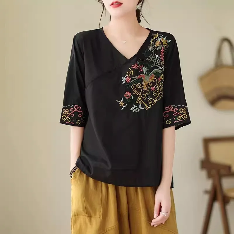 Chinese Style V-Neck Top Loose Short Sleeve Vintage Solid Color Embroidery Shirt Minimalist Flowy Summer Casual Tees Pullovers