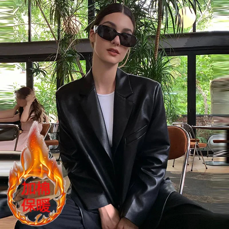 

2025 Spring Autumn Woman New Black Medium To Long Leather Jacket, Suit Jacket, Women's Loose PU Leather High-end Leather Jacket