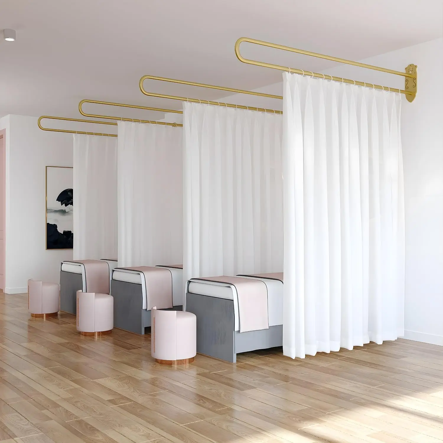 

U-образные перегородки-шторы для салонов красоты, спа-салонов, больниц - простая установка на стену