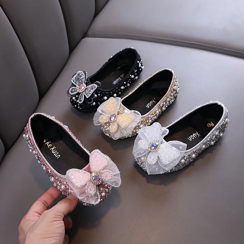 Girls Pearl Princess Shoes Student Spring Autumn New Children Glitter Bow Shoes Kids Wedding Party Leather Shoes J314