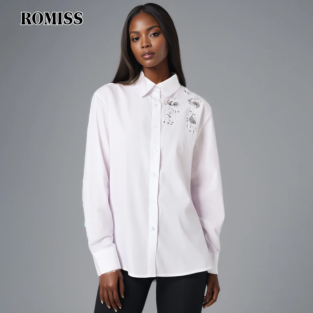 

ROMISS Solid Basics Spliced Appliques Shirt for Women Lapel Long Sleeve Patchwork Button Loose Irregular Hem Blouse Female New