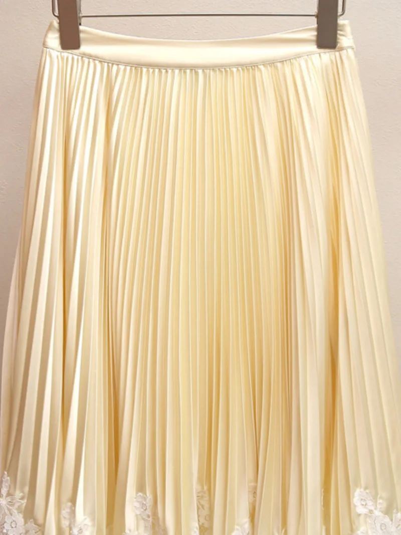 Spring Summer Yellow Embroidered Patchwork Pleated Skirt Women Mid Length Skirts New 3A41BD