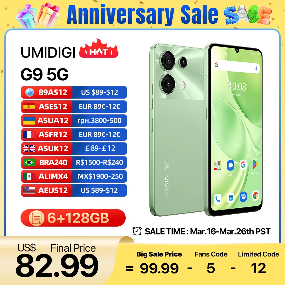 UMIDIGI G9 5G Smartfon Android 14 UNISOC T765 Eye Care 6GB 128GB 6.75