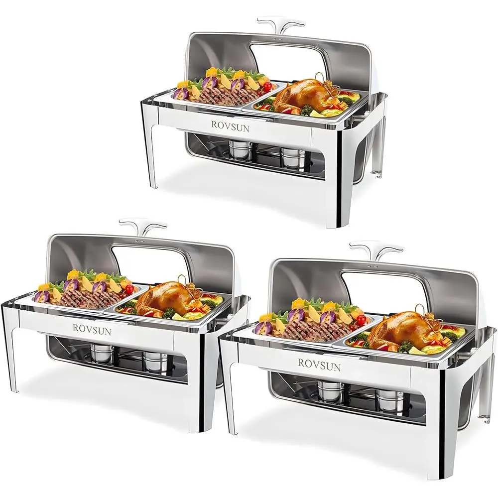 

3-Pack Roll Top Chain Dish Buffet Set, 9 Quart Stainless Steel Chafing Dish with Servers and Warmers, Ideal for Weddings, Partie