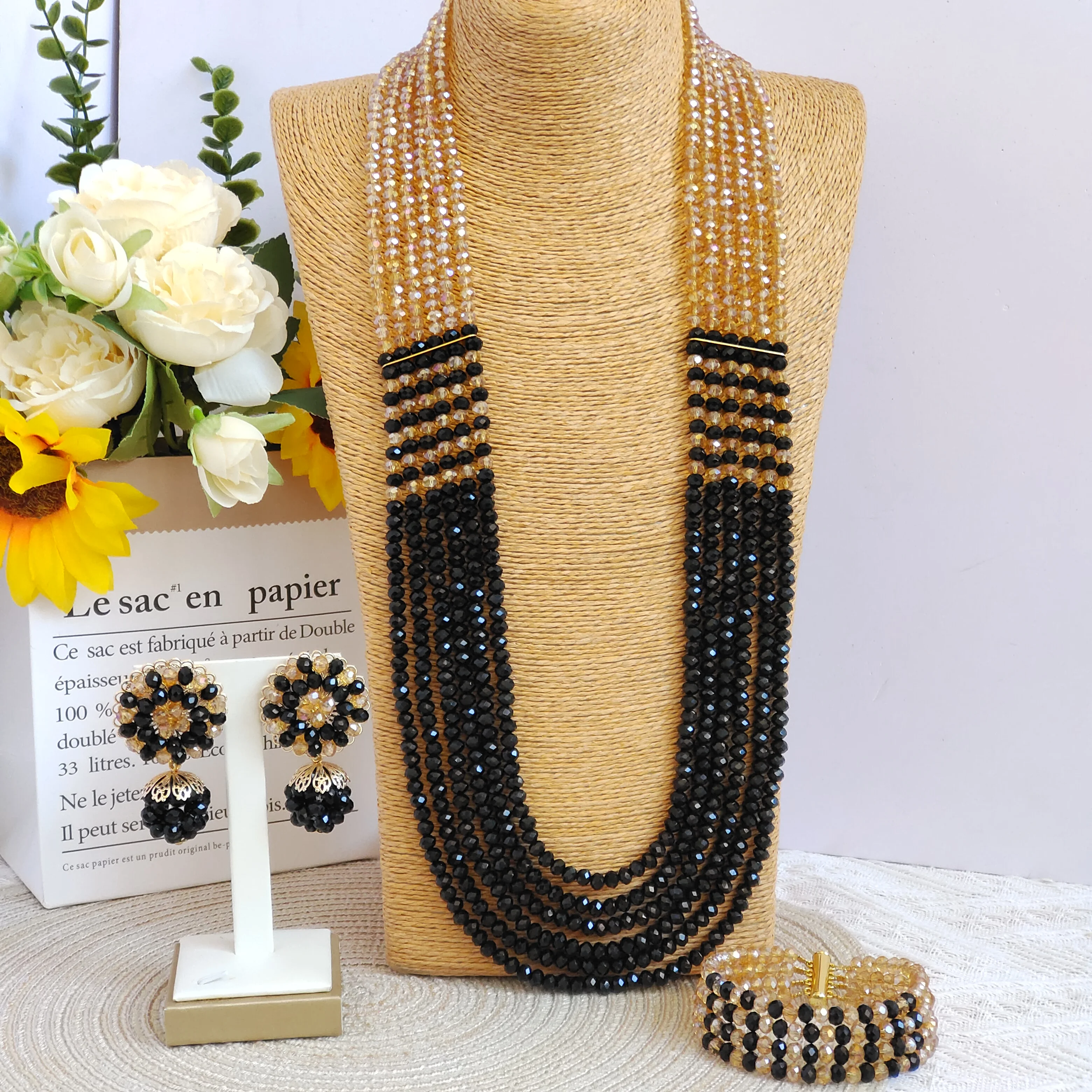 6Layers 32inches long necklace champagne gold and black crystal traditional beads africa nigeria