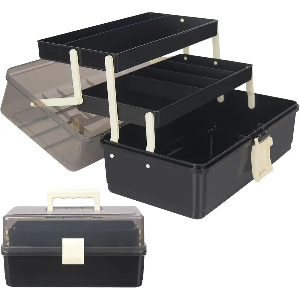 13-Inch Art Storage Box 3-Layers Plastic Storage Box with Handle Art Bin Portable Home Office Travel, Black