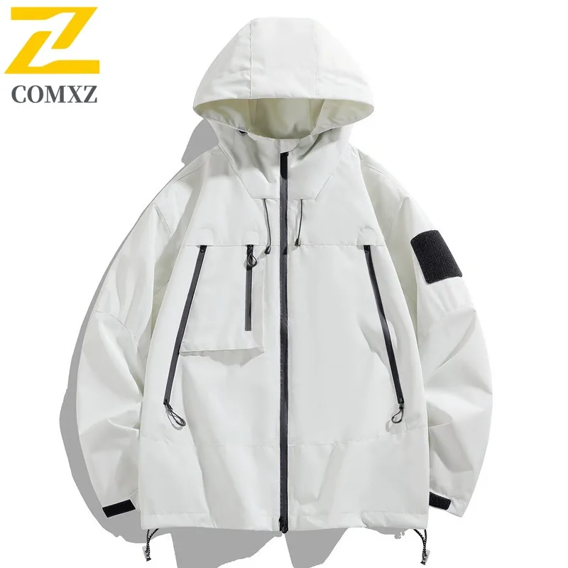 

COMXZ 2025 Couple Windbreaker Three Proof Jacket Men Women Spring Autumn Workwear Pocket Outdoor Waterproof Coat