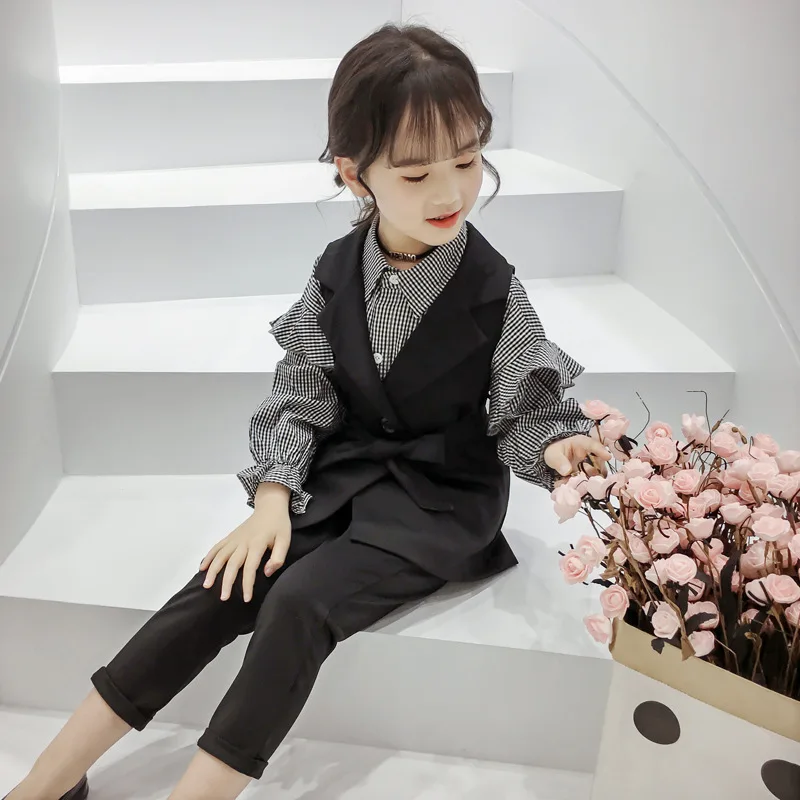 

Creative Simple Children'S Suit 2022 Autumn Korean Style Girls Blazer Suit Kids Shirt Vest Trousers Suit Three-Piece Suit LC798