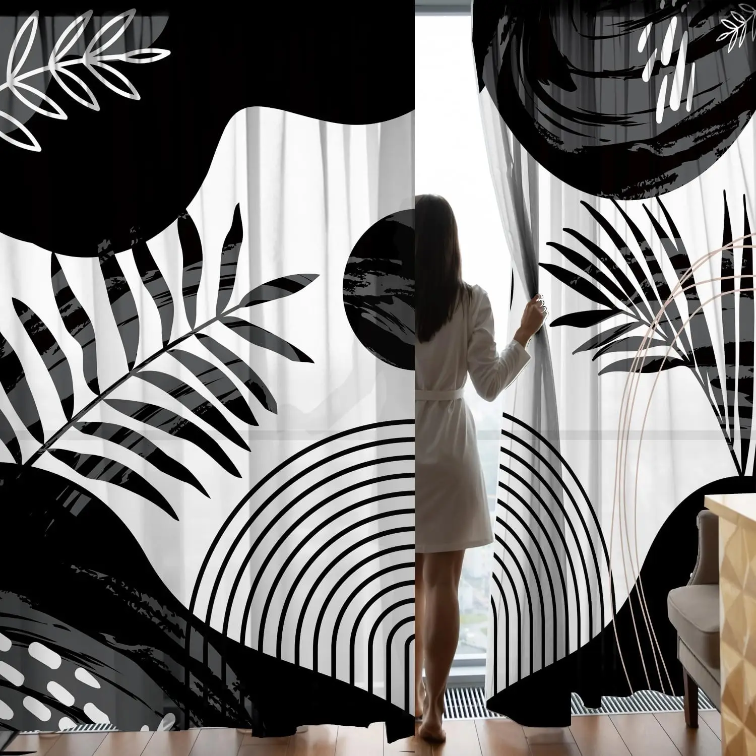 Abstract Plant Geometric Theme Curtain 2 Panels Brush Stroke Leaf Curve Line Black White Base Modern Living Room Home Curtains