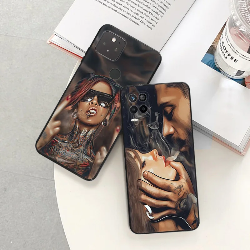 Zwart Mat Telefoonhoesje Voor Motorola Rand 30 40 20 Pro G200 One Fusion Sleeve Tattoo Sexy Schattig Meisje Pixel 8a 7a 6a 7 8 Zachte Hoes
