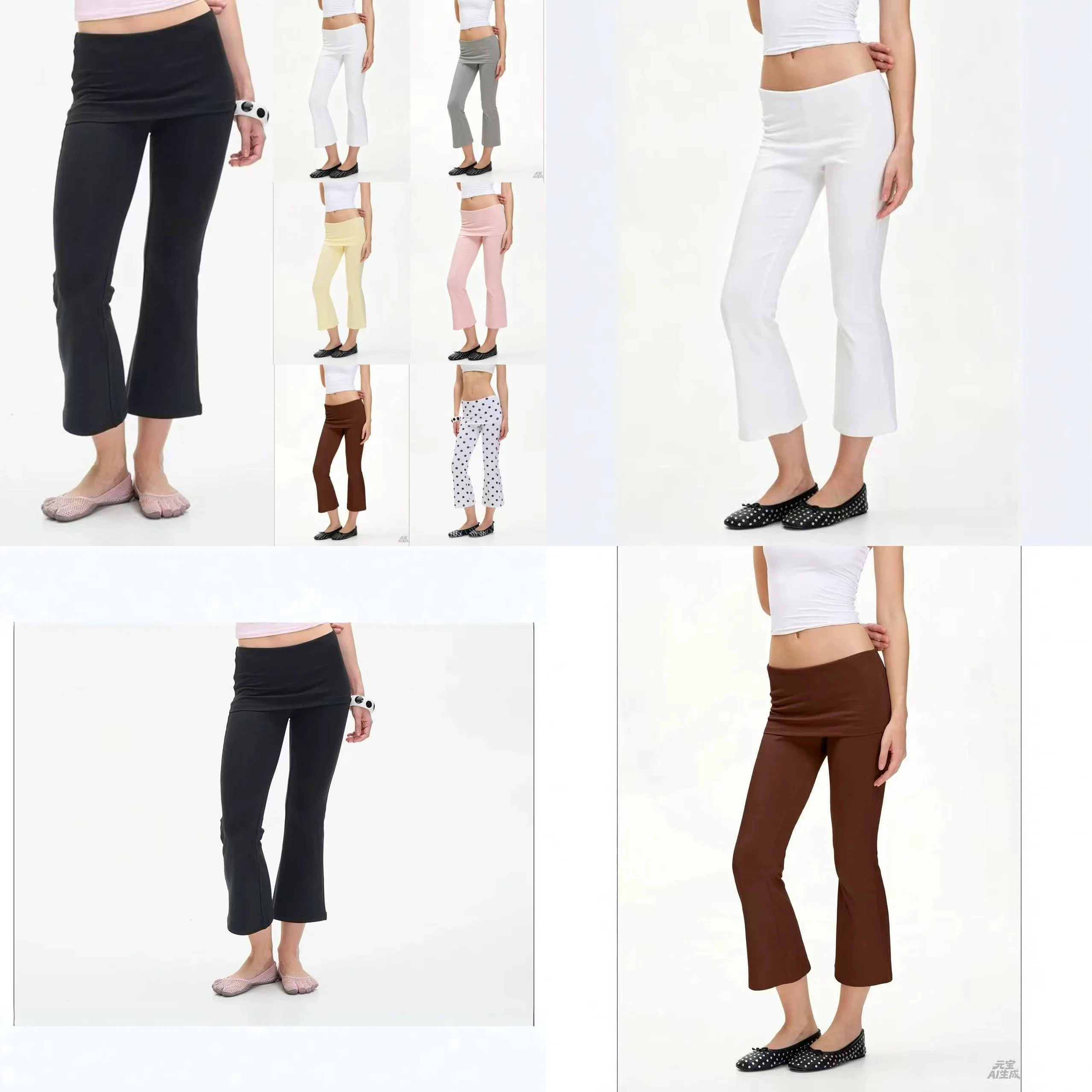 Pant Low Rise Turn-Up Flared Capri Pants Stretchy Knit Slimming Women's Casual Trousers Multicolor Spring Summer