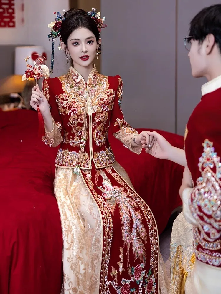 

Бархатное платье новое свадебное платье невесты в китайском стиле, большой тост