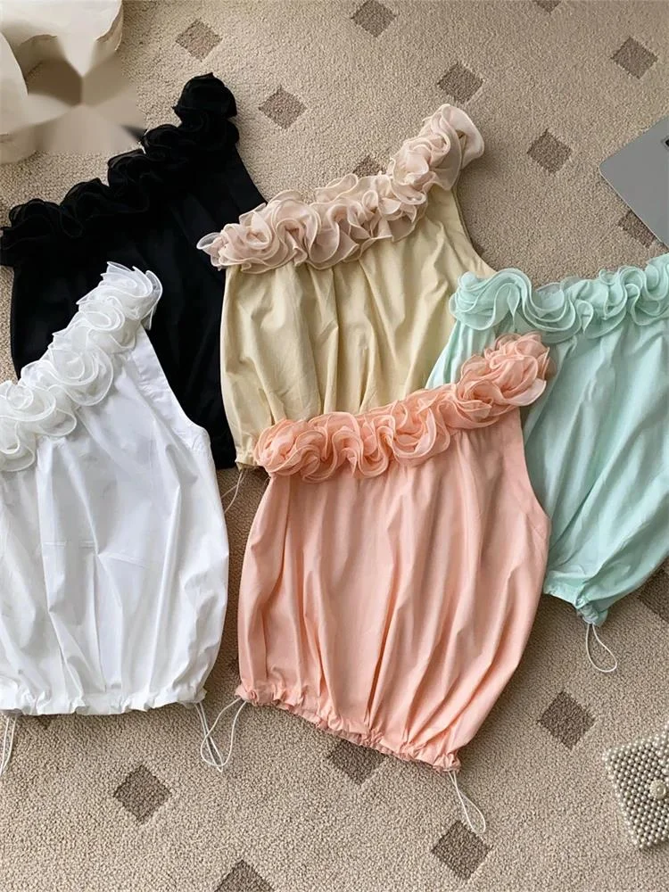 

3D Ruffle Hotsweet Top Female Off Shoulder Drawstring Original Design Slim Camis Summer Chic Casual Vacation Tank Tops