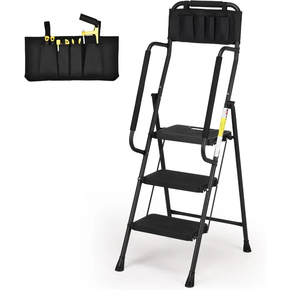 

Step Ladder with Handrails, Folding Step Stool with Attachable Tool Bag & Anti-Slip Wide Pedal for Home Kitchen Pantry O