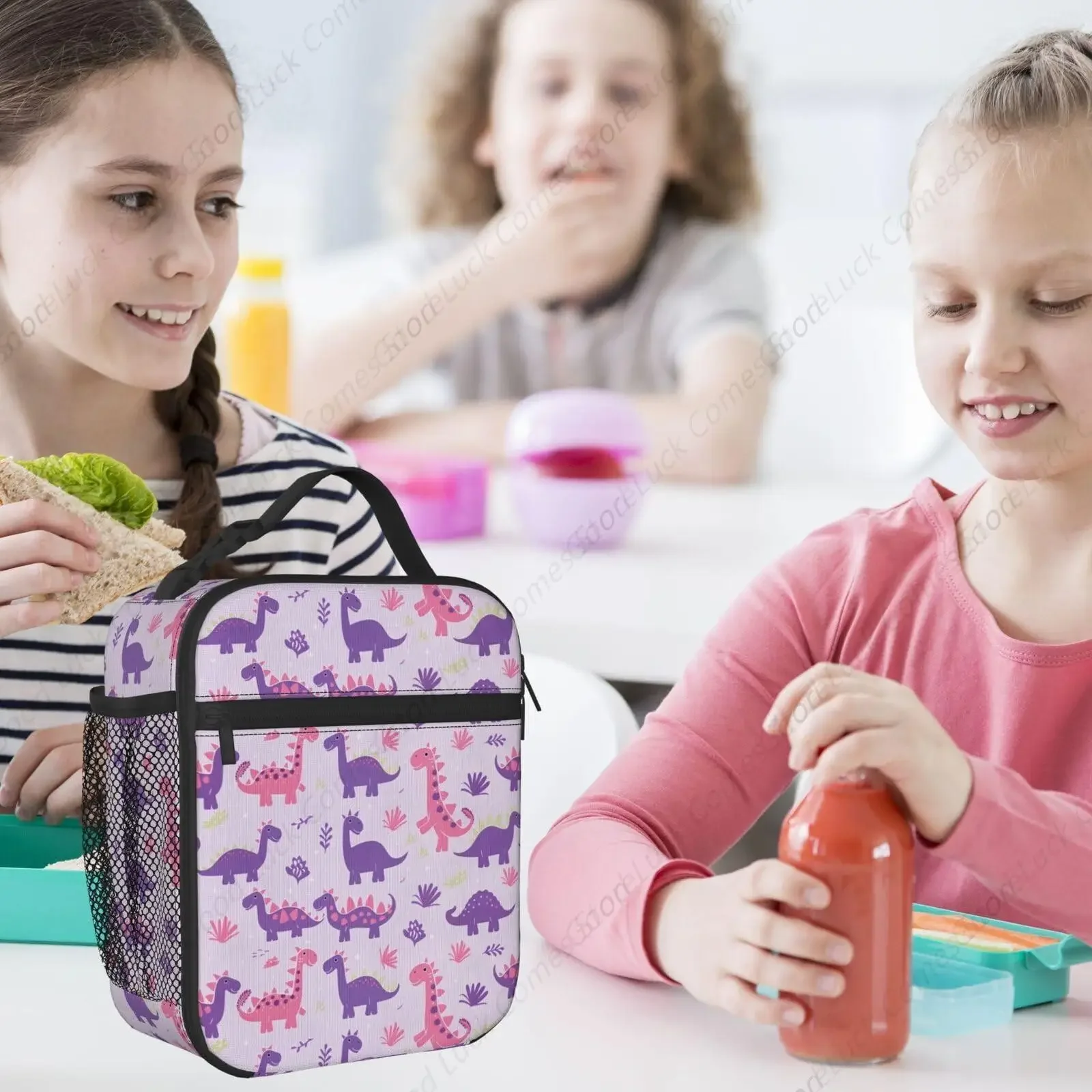 Lilac Dinosaur Lunch Box - Insulated Lunch Bags for Boys/Girls/Women/Men Detachable Handle Lunchbox Meal Tote Bag view 6