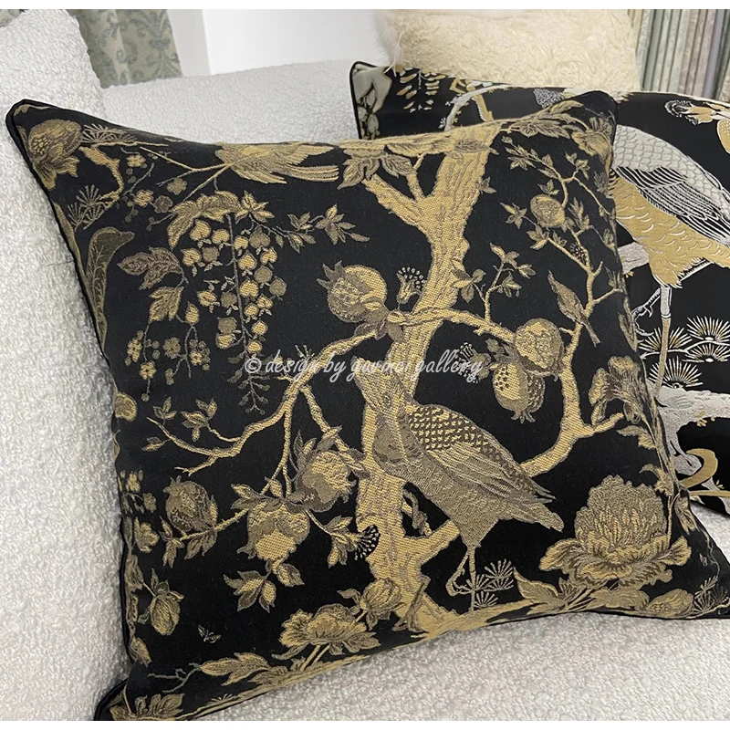 GUVINCI Chinese Accent Majestic Charcoal Cushion Covers Floral Birds Gold Stitching Jacquard Luxury Pillowcase Chic Home Decor