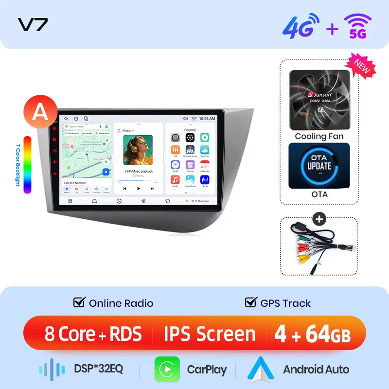 Junsun draadloze CarPlay Android Auto autoradio voor SEAT Leon Mk2 (1P) 2005-2012 met ingebouwde koelventilator, Android GPS navigatie, multimediaspeler, WiFi, DSP, RDS, BT, SWC, IPS touchscreen,