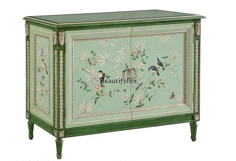 

FG17French Style Solid Wood Artistic Painted Bird Floor Storage Cabinet Living Room Decorative Entryway Cabinet