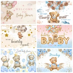 Baby Shower Backdrop Newborn Boy Welcome Party Decor Background Blue Teddy Bear Boho Flower We Can Bearly Wait Backdrop