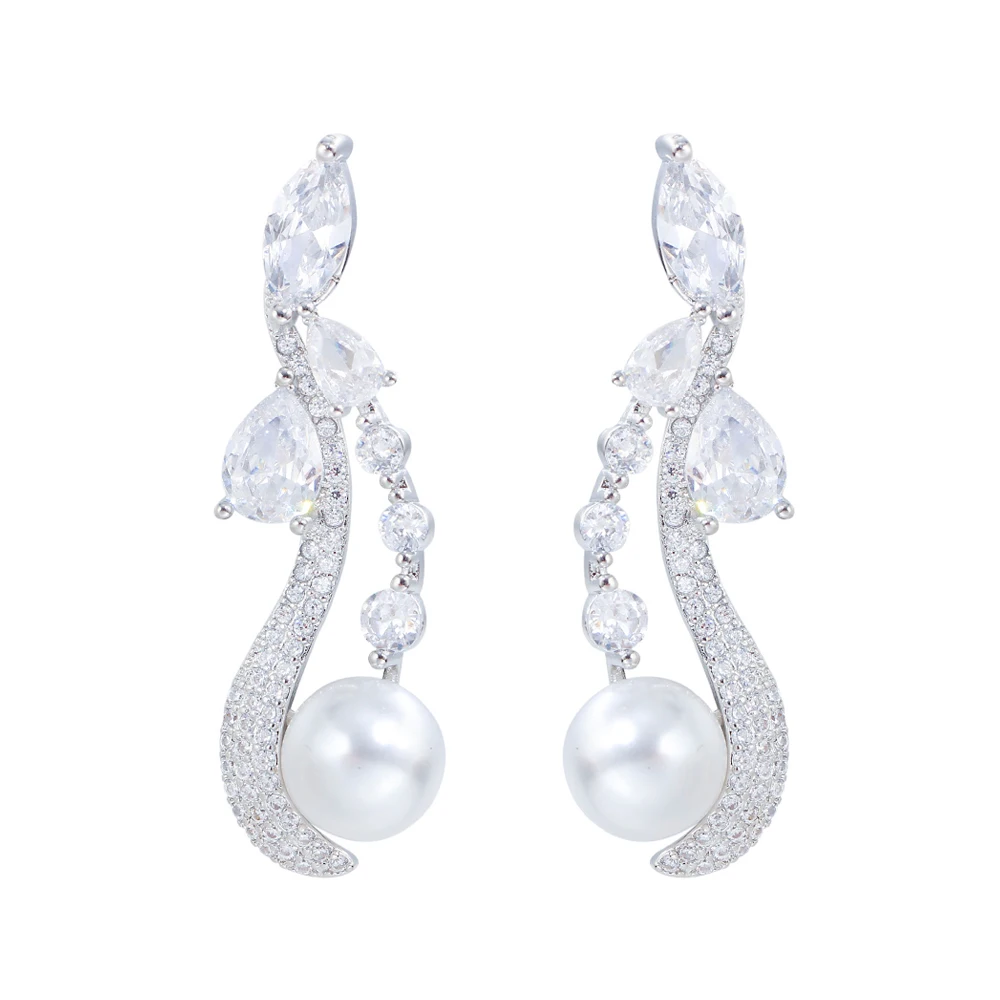 ThreeGraces Elegant Shiny Zirconia Big Simulated Pearl Bridal Wedding Evening Party Dangle Earrings Jewelry for Women E2102