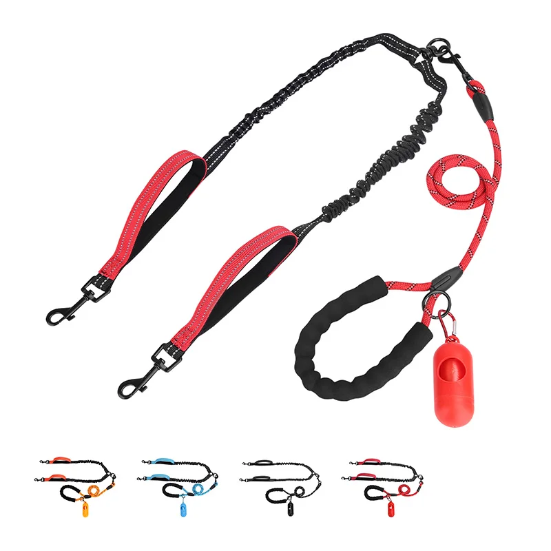 Durable High-Quality Double Dog Leash with Shock Absorbing Bungee - Strong Nylon Rope for Walking Two Large Dogs - Includes Free