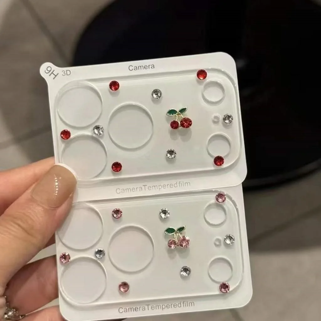 Koreanischer Niedlicher 3D Rosa-Roter Kirsch-Strass-Dekor Kameralinsen-Schutz für iPhone 18 Pro Max 17 18 Pro Schutzglas-Linse