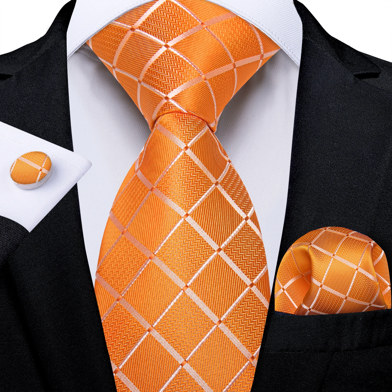 2024 New Plaid Orange Sage Green Purple Beige 8cm Wedding Ties for Men with Clip Handkerchief Cufflinks Groom Accessories
