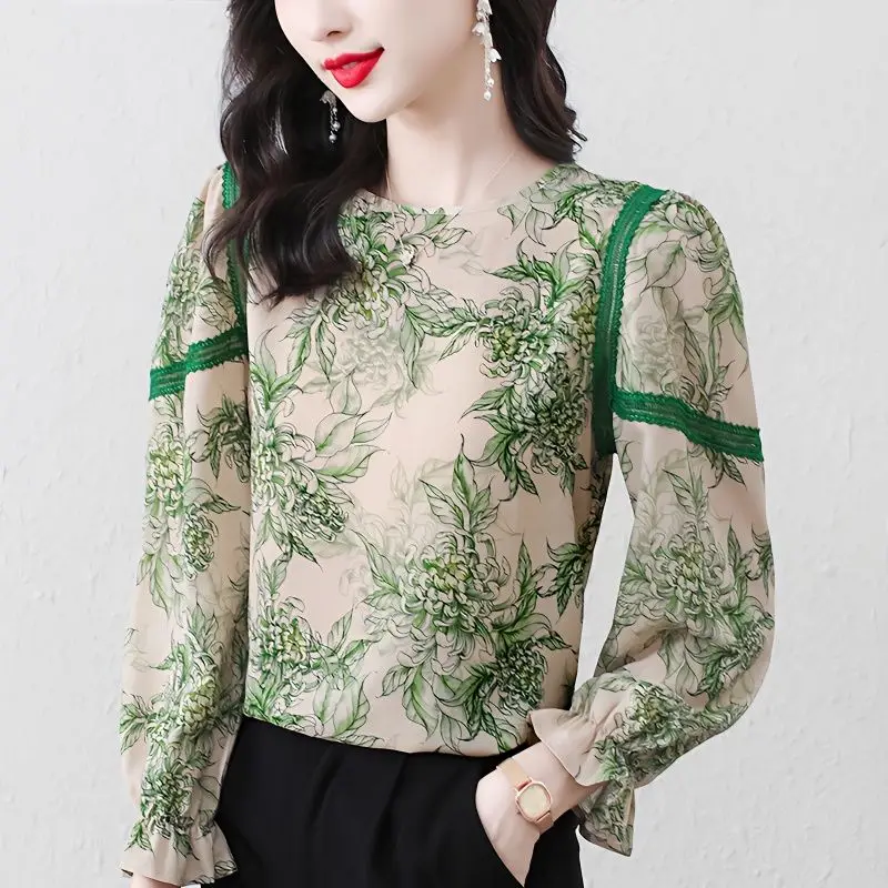 Office Lady Floral Printed Blouse Round Neck Stylish Lace Spliced Female Clothing 2024 Spring Autumn Casual Long Sleeve Shirt